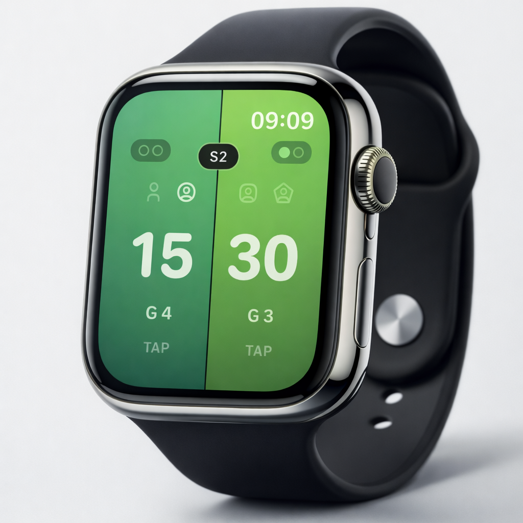 PadelV Apple Watch render showing the 15 to 30 score state
