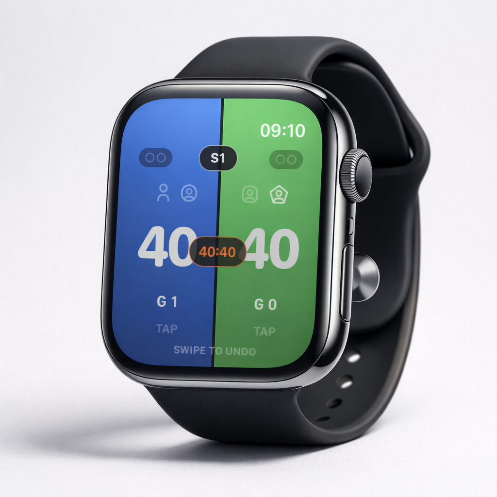 PadelV Apple Watch render showing the 40 to 40 score state